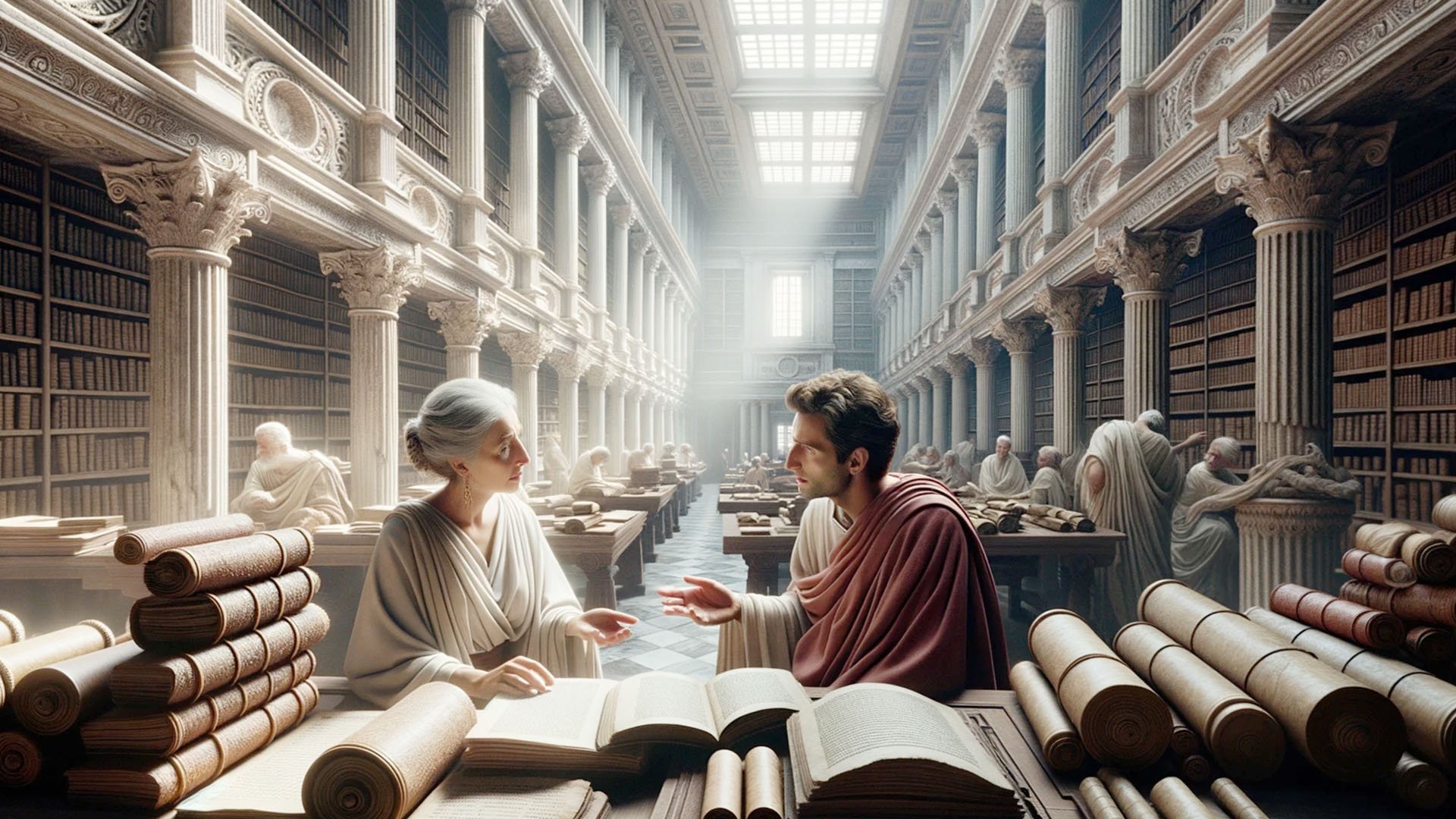 slice_fullHD_0000s_0006_DALL·E 2023-10-16 09.32.47 - Crisp, true-to-life photograph of a bustling ancient Greek library.